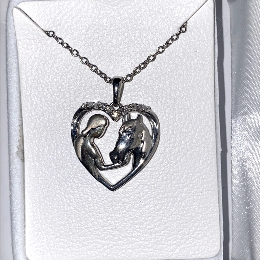Horse necklace with equestrian, silver 18” chain
